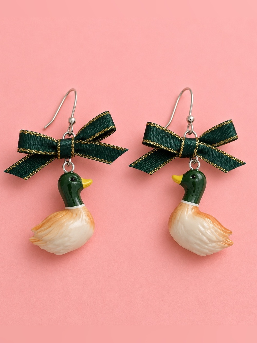Green Bow Duck Drop Earrings